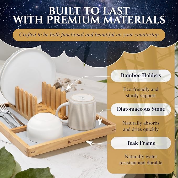 Bamboo & Teak Dish Drying Rack with Fast-Absorbing Stone Base — Made for Small Kitchens & Apartments, Collapsible Dish Holders, 12" x 13.9", No-Drip, No-Puddles – Midnight Lodge