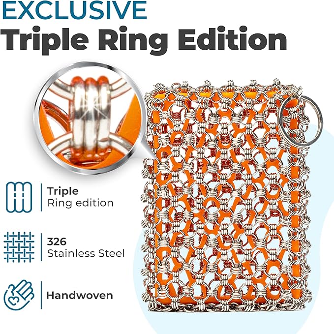 Cast Iron Care Bundle: 316 Stainless Steel 𝐓𝐫𝐢𝐩𝐥𝐞 𝐑𝐢𝐧𝐠 𝐂𝐡𝐚𝐢𝐧𝐦𝐚𝐢𝐥 Scrubber (Orange) & Extra Thick Leather Handle Cover Set of 2 (𝐌𝐚𝐝𝐞 𝐢𝐧 𝐆𝐞𝐨𝐫𝐠𝐢𝐚) – Perfect for Pan
