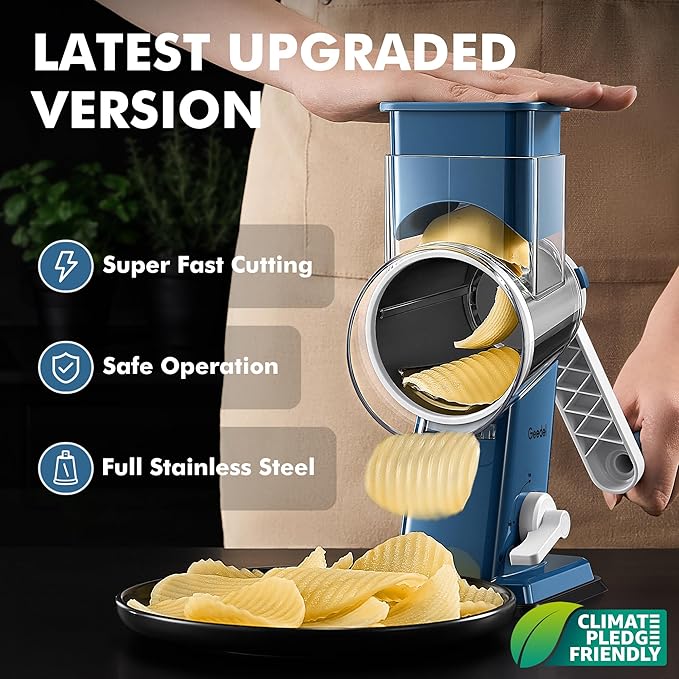 Geedel Rotary Cheese Grater - Upgraded Vegetable Shredder with 4 Interchangeable Blades, Easy to Clean Cheese Shredder with Handle, Kitchen Grater Nuts Grinder for Cutting Cheese, Vegetable, Nuts