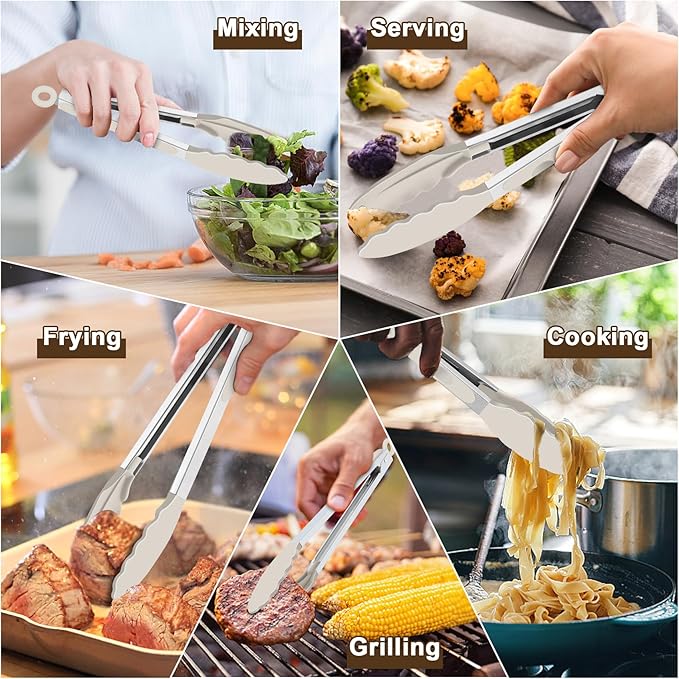 TeamFar Kitchen Tongs, 9" and 12" Stainless Steel Cooking Tongs with Silicone Tips for Cooking Grilling Serving & BBQ, Heat Resistant Silicone Tongs, Locking Design & Dishwasher Safe, Set of 2 & Khaki
