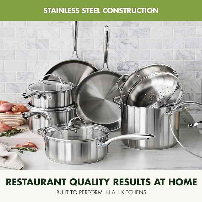 GreenPan Stainless Steel Cookware Set, 11 Piece, Induction Cookware, Dishwasher Safe, Oven Safe to 600F, Large 8QT Stock Pot, Sauce, Saute, Frying Pans, Pots & Pans Kitchen Essentials, Silver