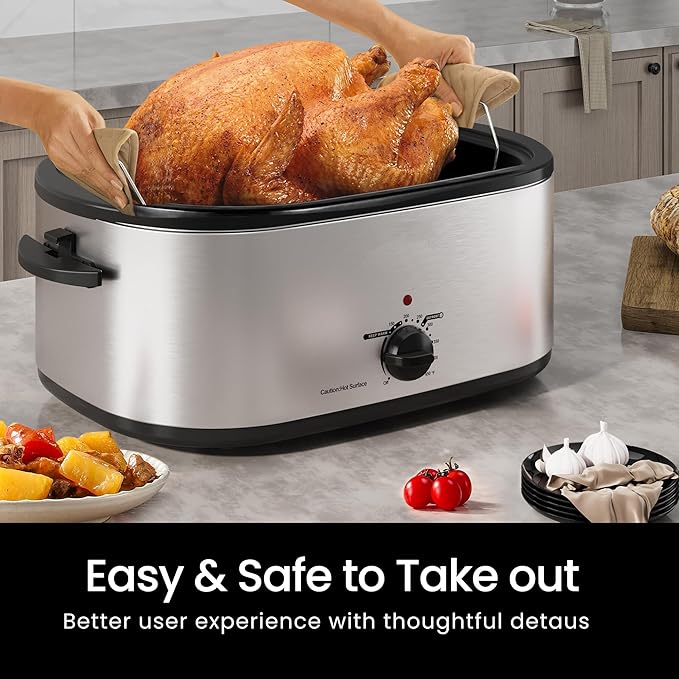 Roaster Oven, 20Qt Turkey Roaster Oven with Self-Basting Lid, 1450W Electric Roaster Pan with Cool-Touch Handles, Stainless Steel with Removable Pan and Rack, Silver