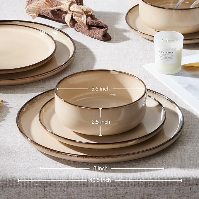 E-far 24-Piece Plates and Bowls Set, Stoneware Dinnerware Sets for 8, Reactive Glaze Ceramic Dinning Ware Dishes, Microwave & Dishwasher Safe - Sandy Beige
