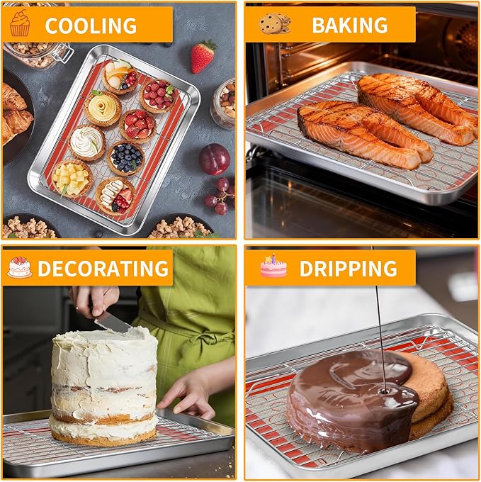 Baking Sheet Pan Set of 12, CEKEE Stainless Steel Cookie Sheets for Baking with Cooling Rack Silicone Baking Mat, Small/Quarter/Jelly Roll Pan, 9/10/12/16 Inch, Heavy Duty & Non Toxic & Easy Clean