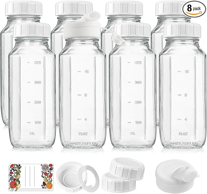 8 Pack 16 Oz Reusable Glass Milk Bottles w 100% Airtight Heavy Duty SCREW Lid & 2 Pour Spouts - Glass Juice Bottles w Capacity Mark - Beverage Drinking Jar Juice Container Breast Milk(Extra 2 Lids)