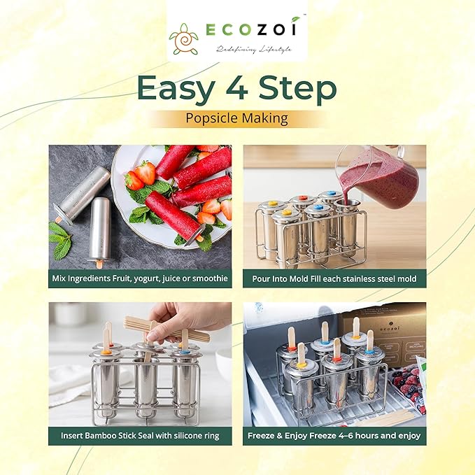 Ecozoi Stainless Steel Popsicle Molds, 6 Metal Ice Popsicle Makers, 30 Reusable Bamboo Sticks, 12 Silicone Seals and 1 Rack, Eco Popsicle Molds for Kids and Adults, 3 oz Per Mold (Round)