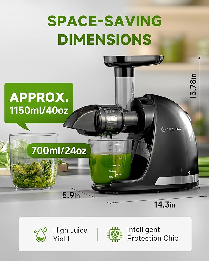 Juicer Machines - AMZCHEF Cold Press Masticating Juicer whole Fruit and Vegetable - Delicate Chew No Need to Filter - BPA Free Juice Extractor with 2 Cups and Brush- Ebony