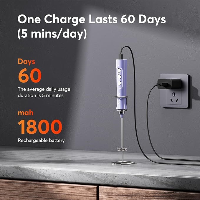 FoodVille MF02 Rechargeable Milk Frother Handheld Foam Maker with Stainless Whisk for Cappuccino, Latte, Bulletproof Coffee, Keto Diet, Protein Powder, Matcha (Ultra Violet)