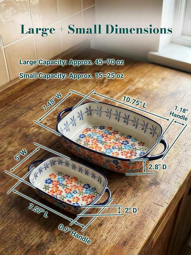Polish Pottery Style Ceramic Baking Dish Set, 2-Piece Casserole Bakers for 2–3 People, Floral Decorative Bakeware, Oven Safe Lasagna Pan, Microwave Dishwasher Safe, Gift-Ready, Protective Packaging