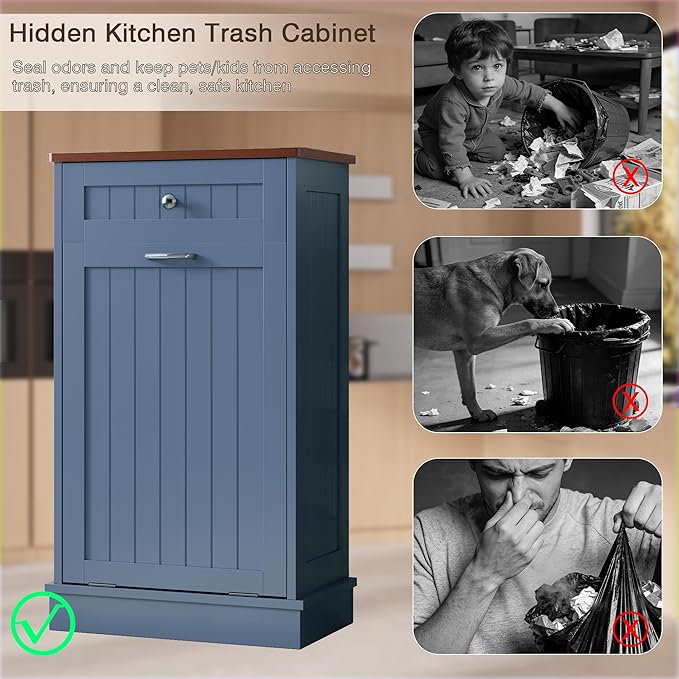 KIGOTY Tilt Out Trash Cabinet,Wooden Kitchen Trash Bin Holder Garbage Bin Recycling Cabinet Laundry Hamper with Solid Wood Countertop and Hideaway Drawer (Haze Blue)