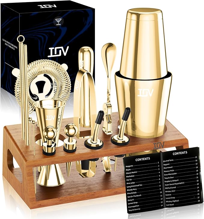 IOV Mixology Bartender Kit Bar Set with Stand | 17-Piece Cocktail Shaker Set | 28oz Boston Shaker Drink Mixer Set with All Essential Accessory Tools | Fun Housewarming Gift (Gold)
