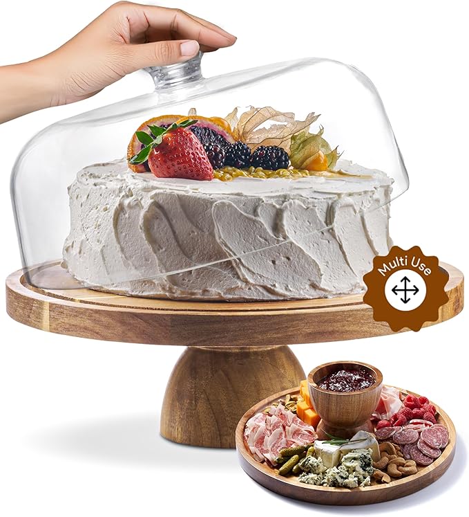 HOMESPHERE Acacia Wood Cake Stand with Lid - Cake Stand with Dome,12in Round Cake Holder, 2-in-1 Dessert Table Display Set & Charcuterie Board for Cheese, Chips & Dips, Fruit Platter, Large Acrylic Cake Dome Cover
