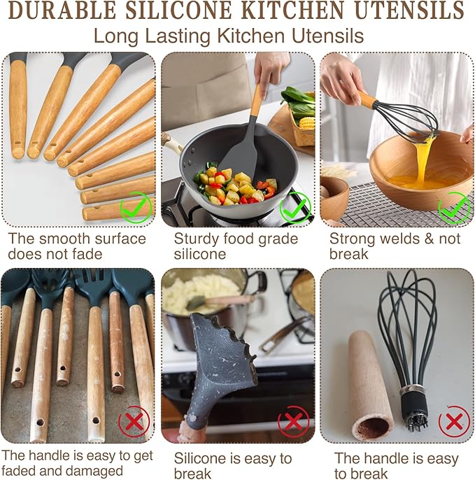 Umite Chef Kitchen Cooking Utensils Set, 33 pcs Non-stick Silicone Spatula Set with Holder, Woodle Handle Heat Resistant Gadgets Utensil (Gray)