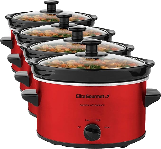 Elite Gourmet MST-275XR# Electric Oval Slow Cooker, Adjustable Temp, Entrees, Sauces, Stews & Dips, Dishwasher Safe Glass Lid & Crock (2 Quart, Metallic Red) (Pack of 4)
