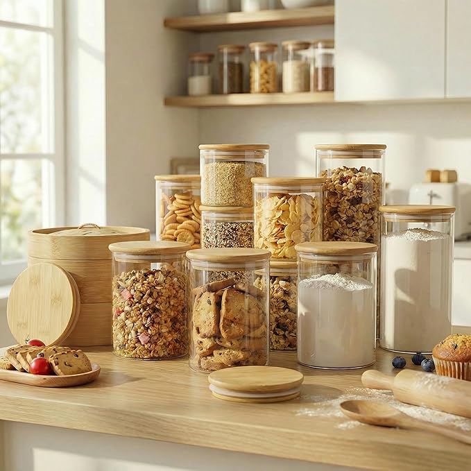 45oz - 3 Pack Glass Jars with Bamboo Lids, Glass Pantry Storage Containers with Airtight Lids, Round Air Tigh Food Storage Canisters for Cereal, Pasta, Flour, Sugar, Rice, Best for Kitchen Organizer