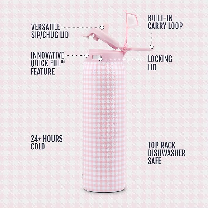 Ello Pop & Fill 32oz Stainless Steel Water Bottle with QuickFill Technology, Double Walled and Vacuum Insulated Metal, Leak Proof Locking Lid, Straw and Chug, Reusable, BPA Free, Pink Gingham