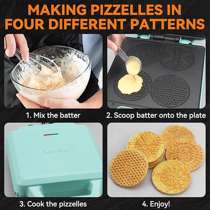 Baker’s Friend Pizzelle Maker Electric, 4 X 3.5” Pizzelle Waffle Cookies for Christmas Baking Supplies, Stroopwafel Iron, Cookie Maker Machine with Pattern, Thin Waffle Maker, Aqua