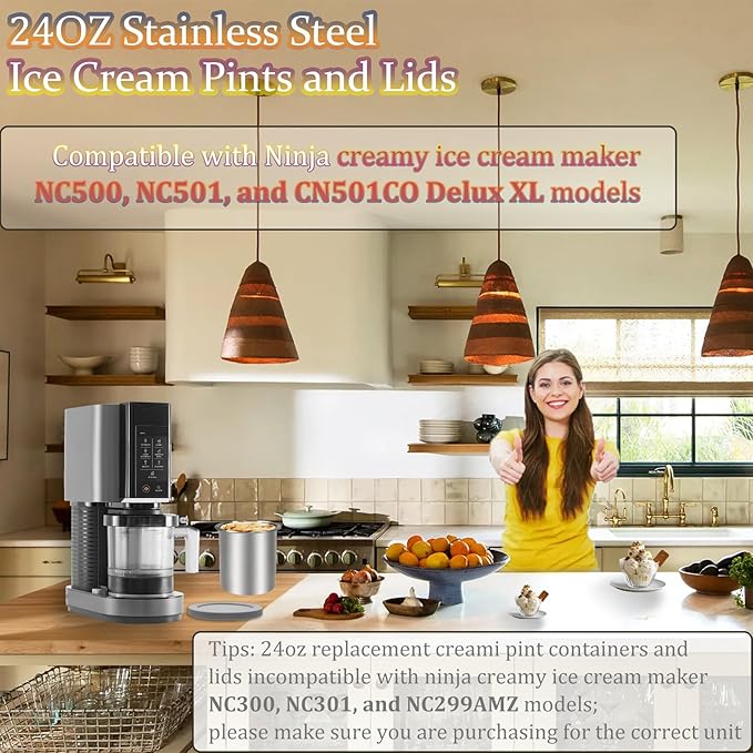 Stainless Steel Pint Containers & Lids Compatible with Ninja Creami ice Cream Maker NC500, NC501, CN501CO Delux Series– 2 Pack, 24 oz, Silicone Lids, BPA-Free, Dishwasher Safe