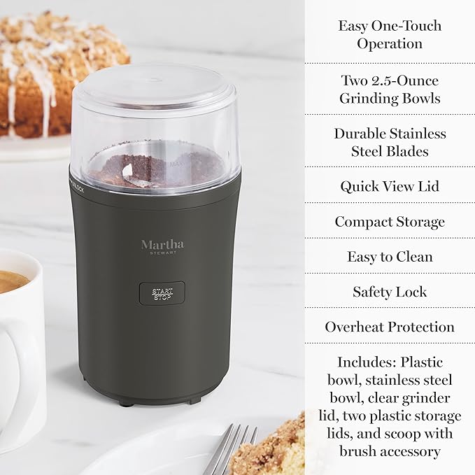Martha Stewart Electric Coffee & Spice Grinder, Dual 2.5oz Removable Bowls, Storage Lids, Stainless Steel Blades, One Touch Pulse Control, 2-in-1 Compact, Beans & Spices, Herbs & Nuts, Caviar Gray