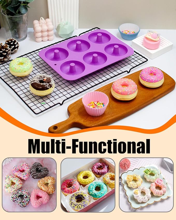 Silicone Donut Pan 3pcs Non-Stick Doughnuts Baking Pans for Donuts, 6 Cavity Heritage Bundtlette Cake Silicone Mold for Baking (Orange+Pink+Purple)