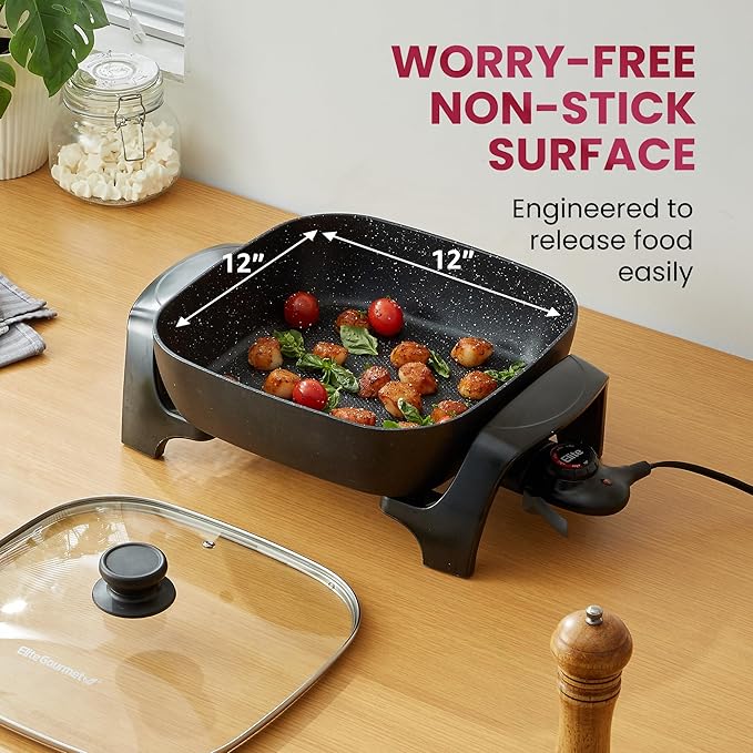 Elite Gourmet EG6201 Extra Deep 12"x12"x3.2" (7.5Qt.) Scratch Resistant Dishwasher Safe, Non-stick Electric Skillet with Glass Vented Lid, Adjustable Temperature, Black