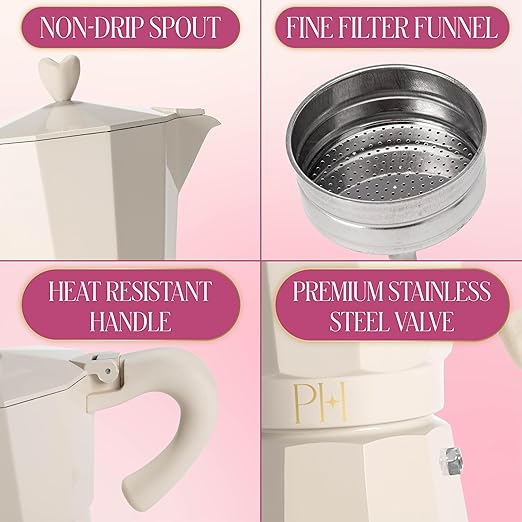 Paris Hilton Stovetop Espresso and Coffee Maker, Italian & Cuban Style Coffee Pot with Iconic Heart Knob, Perfect for Rich Aromatic Espresso, Makes up to 6 Espresso Cups, Cream