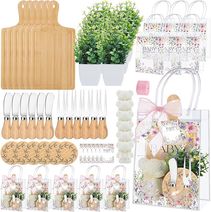 Honeydak 49 Pcs Baby Shower Prizes for Game Players 6 Set Cheese Board Fork Knives Coaster Towel Artificial Potted Plant Thanks Card Gift Bag for Baby Bridal Shower Wedding Favors (Butterfly)