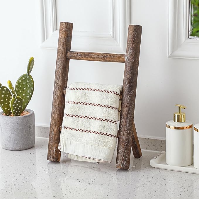 Cinnvoice 2 Pcs Wooden Tea Towel Ladder Rustic Hand Towel Stand Rack Mini Countertop Towel Stand Farmhouse Wood Counter Towel Holder for Bathroom Country Kitchen Office(Wood Color)