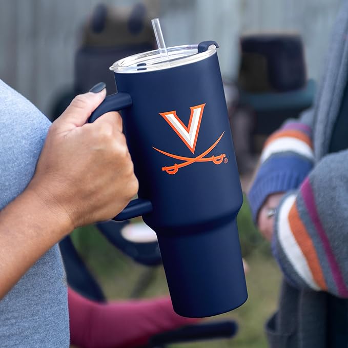 Logo Brands NCAA 40 oz Tumbler with Handle -Stainless Steel Insulated Travel Tumbler with Straw Lid – Powder Coated, Leak-Resistant, Keeps Drinks Hot/Cold – Great for Tailgating, or Everyday Use