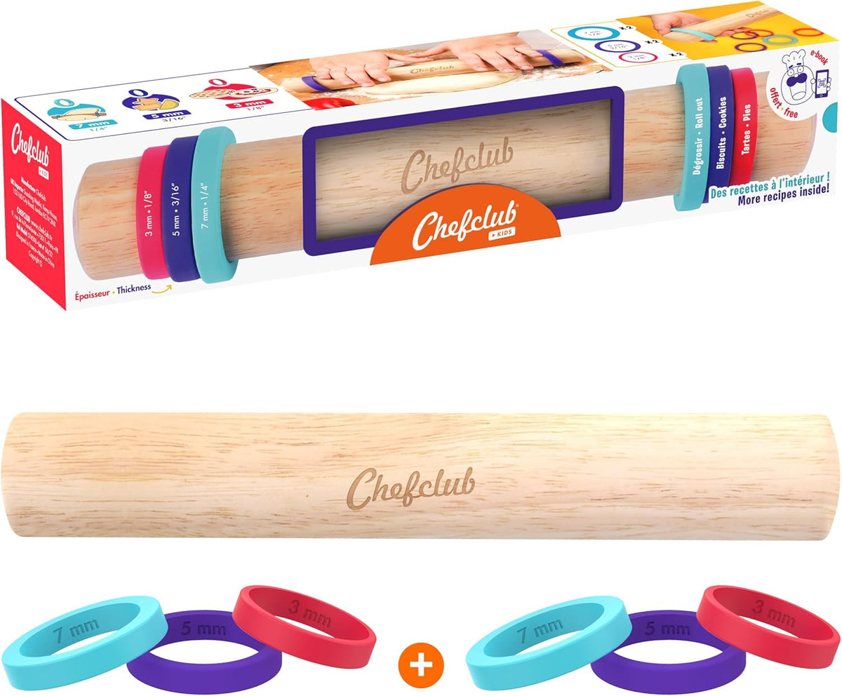 Chefclub Kids Adjustable Wooden Rolling Pin - 3 Removable Silicone Rings - Perfect for Baking & Pastry, Pizza, Pie, Cookie Dough - Precision Baking Tool for Kids