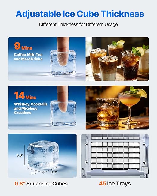 VEVOR Commercial Ice Maker Machine 120 lbs/24H, Under Counter Ice Maker with 33 lbs Storage Bin 45 Cubes in 8-10Mins, Stainless Steel &Freestanding Ice Machine with LED Display for Home Bar Cafe