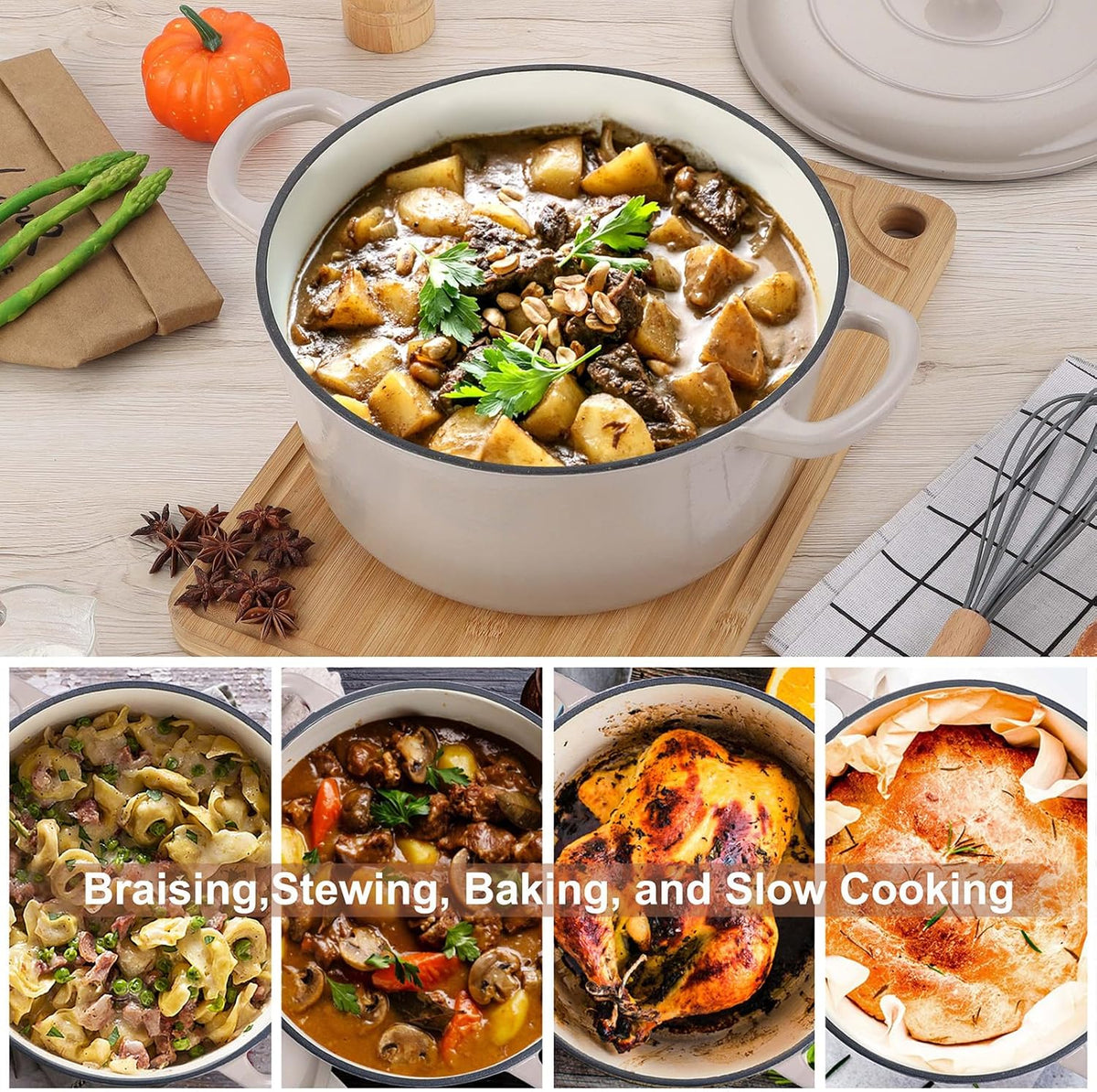 E-far 6 Quart Enameled Cast Iron Dutch Oven, Round Dutch Oven Pot with Lid, Nonstick Cookware for Braising/Stews/Roasting/Bread Baking/Cooking, Heavy Duty, Induction & Oven Safe - Khaki