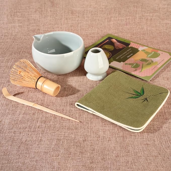 Matcha Whisk Set – Ceramic Matcha Set with Matcha Bowl, Matcha Whisk & Holder, Bamboo Scoop, Tea Towel – 5-Piece Japanese Matcha Kit for Matcha Lovers, Beginners & Gifting (Gray, 17oz)