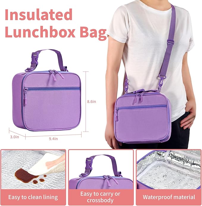 Bento Box for Kids with Thermo Food Container (9oz), 4-Compartment Lunch Box, Adjustable Divider, Leakproof Bento Lunch Box, Includes Utensils & Carry Bag for School, Office(Purple)