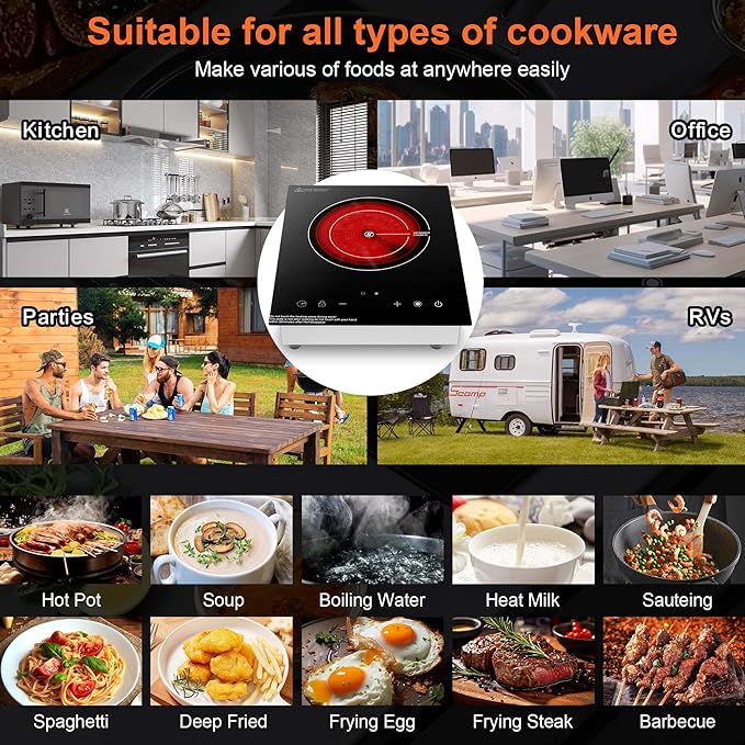 Dual Coils Design of Single Burner Electric Cooktop, 1800W Infrared Ceramic Hot Plate for Cooking, Portable Countertop or Built-in Radiant Stove Top Cooker, Compatible with All Cookware