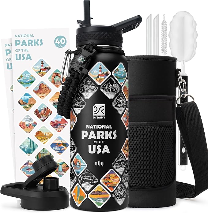 DYSANKY National Parks Water Bottle – 40 oz Insulated Stainless Steel Bottle with 63 Hand-Drawn Park Stickers, Carrier Bag, Strap & Gift Box – BPA-Free – Ideal for Hiking, Camping & Travel