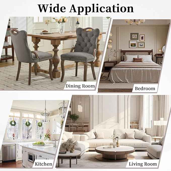 Grey Velvet Dining Chairs Set of 2，Modern Upholstered Dining Room Chairs with Tufted Back and Wood Handles, Curved Solid Wood Legs, Sillas de Comedor