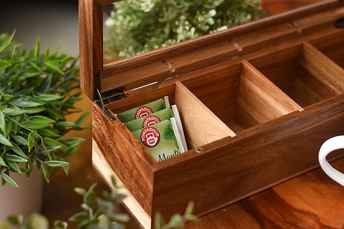Acacia Wood and Bamboo Tea Bag Organizer - 4 & 8 Compartment Tea Box for Countertop - Tea Station & Coffee Bar Accessories - Fits Large & Craft Tea Bags (Wood, 4 Compartment)