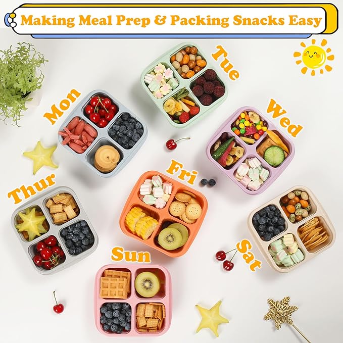 4 Pack Meal Prep Containers, 4 Compartment Bento Snack Boxes, Reusable Divided Lunch Box Containers for Adults, Kids, Toddlers, Travel, Work, School