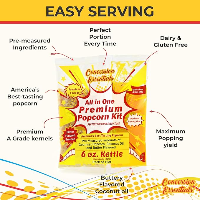 Concession Essentials 6oz Popcorn Portion Packs – Pre-Measured Kernels, Oil & Salt – Case of 12 Packs for Perfect Popcorn Every Time