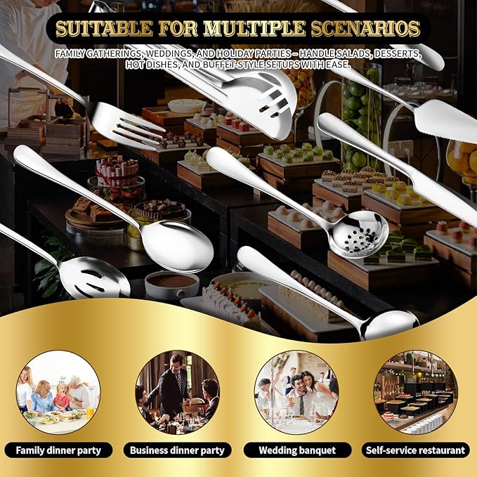 36-Piece Stainless Steel Serving Utensil Set – Complete Buffet Essentials with Spoons, Forks, Tongs, Ladle & More. Perfect for Wedding, Holiday, Catering, and Family Gatherings(Silver)