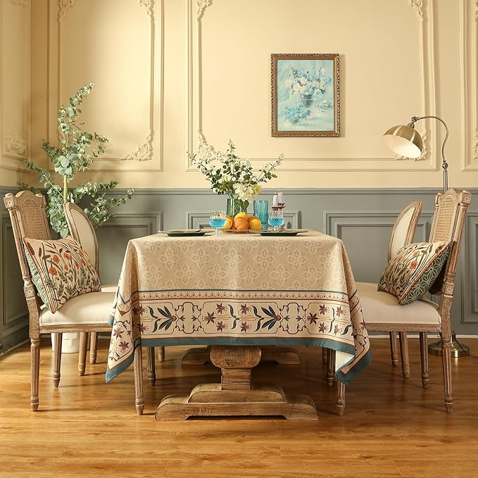 patdrea Designer French Linen Tablecloth for Rectangle Table,Beige Anti-Wrinkle Durable Floral Farmhouse Table Cloth,Decor Covers for Kitchen Dining,Tea Party,Christmas,Thanksgiving,63"x87"-Fram