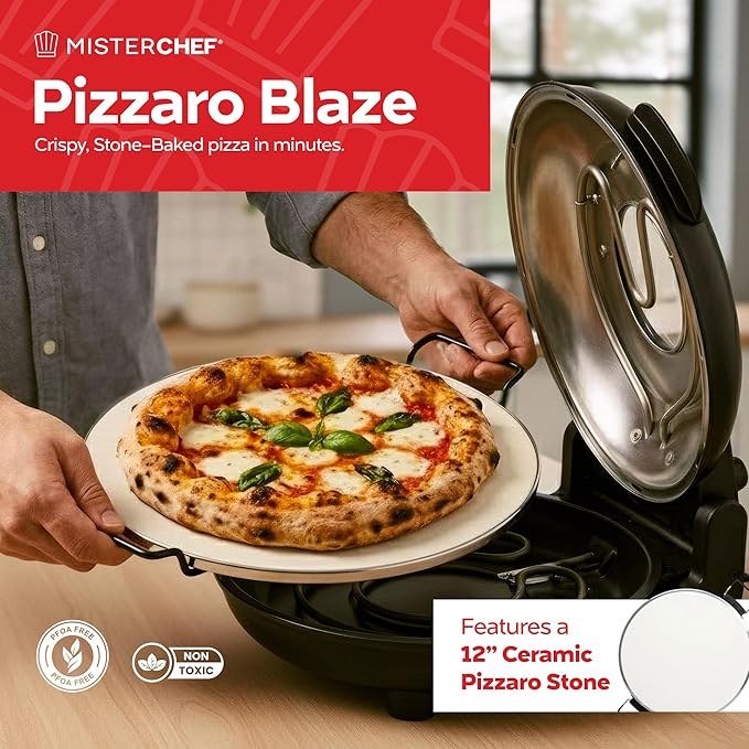 MisterChef Electric Pizza Oven Indoor, 12 Inch Countertop Pizza Oven, Fast Heating Upto 800°F, Pizza Maker with Ceramic Stone, Viewing Window & Dual Temperature Control for Even Cooking
