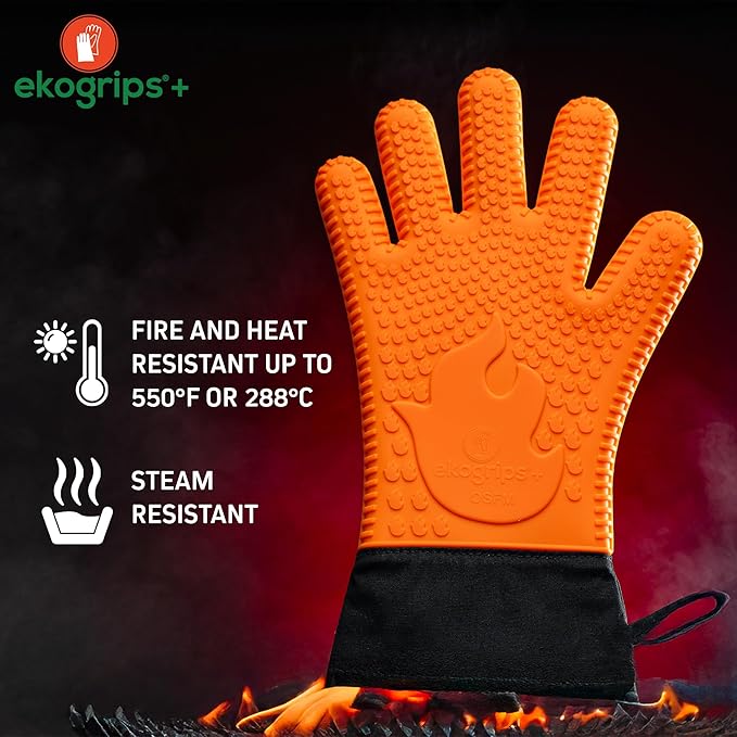 Ekogrips Plus Oven Gloves with Fingers, Comfy Waterproof Silicone Oven Mitts Heat Resistant with Long Cuff, Insulated BBQ Gloves Perfect for Grilling, Baking, Smoker, Canning, and Pizza, Orange, OSFM