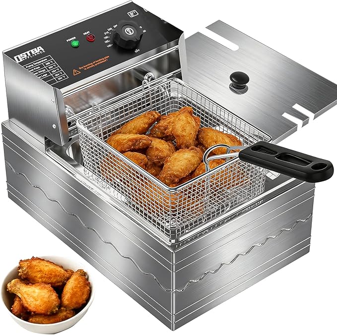OSTBA Electric Deep Fryer with Basket, 10.36QT Countertop Fryer, 1600W Stainless Steel Commercial Deep Fryer with Adjustable Temperature 140–390℉, Removable Basket & Oil Tank