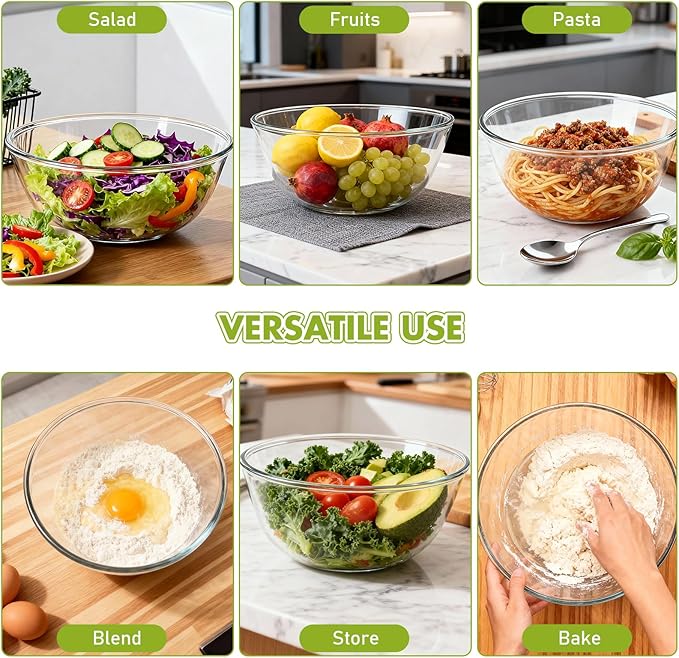 Greentainer Large Glass Salad Bowl with Stainless Steel Fork and Spoon, 144OZ Salad Serving Bowl for Kitchen, 4.5QT Glass Mixing Bowl for Cooking, Baking, Prepping, Dishwasher & Microwave Safe