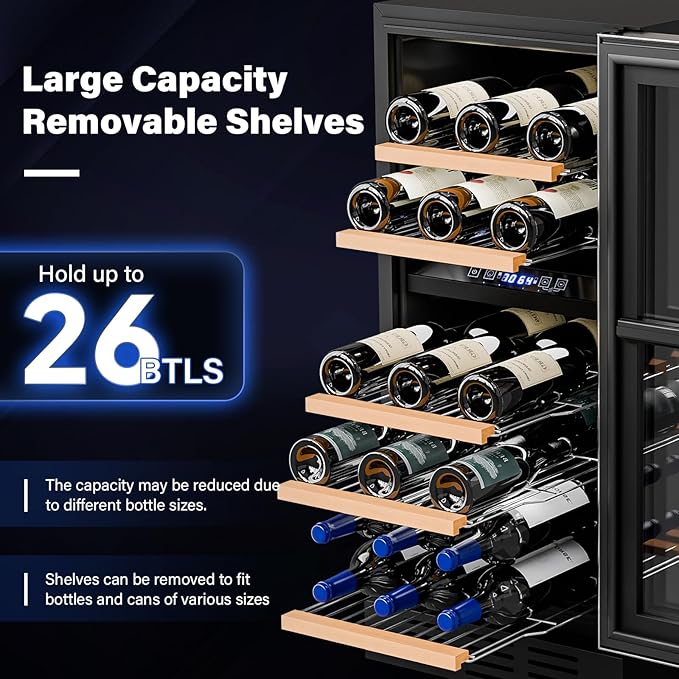 ROVSUN 26 Bottle Wine Fridge, Dual Zone Wine & Beverage Refrigerator w/Independent Temp & LED Control Panel, Built-in/Freestanding/Under Counter Wine Cooler Chiller for Red White Wine/Champagne/Beer