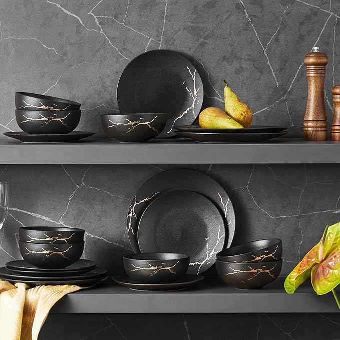 KINGSTONE Dinnerware Sets for 6 Porcelain Plates and Bowls Sets 18 Piece Matte Black with Gold Vein Dish Set Scratch Resistant Dinner Salad Plate Dishware for Wedding Party Daily