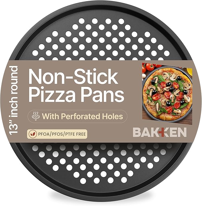 Non-Stick Pizza Pan with Holes - 13-Inch Perforated Pizza Crisper Carbon Steel Pizza Pan - 1 Round Pizza Trays PFOA PFOS and PTFE Free