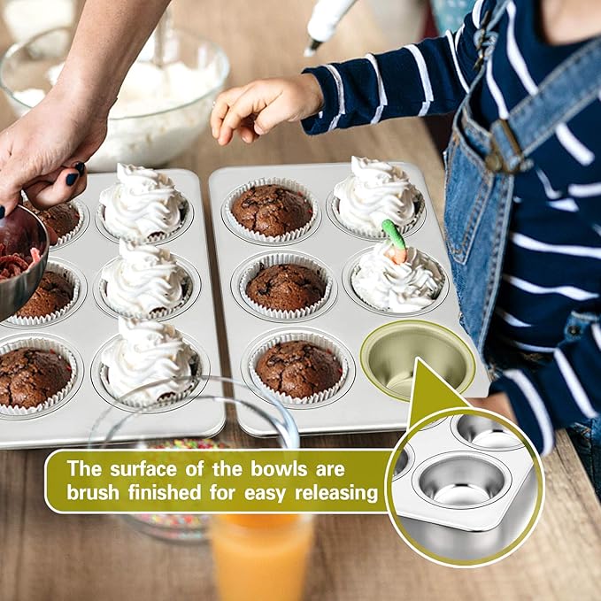P&P CHEF Muffin Pan Cupcake Baking Pan Set, Stainless Steel Muffin Tin Tray for Mini Cake Tart Quiche, Oven & Dishwasher Safe, Non-toxic & Heavy-duty, (6 Cup, 2Pcs)